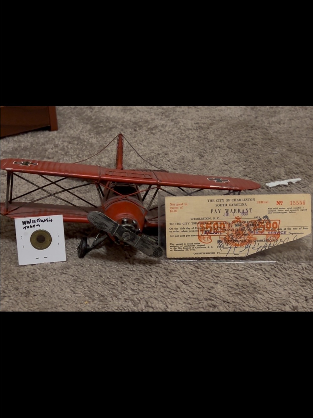 Vintage WWII Built Red Biplane Model plane/$5 dollar Great Depr. Pay warrant&ext